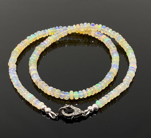 17.5” Genuine Ethiopian Opal Necklace with Pave Diamond Clasp, Natural Ethiopian Opal Necklace , 3.5mm - 4mm, AAA Grade