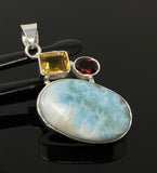 Natural Larimar with Garnet and Citrine Gemstone Pendant, Sterling Silver Jewelry, Larimar Pendant, Citrine Pendant, Bohemian Jewelry