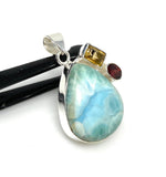 Natural Larimar with Garnet and Citrine Gemstone Pendant, Sterling Silver Jewelry, Larimar Pendant, Citrine Pendant, Bohemian Jewelry