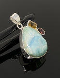 Natural Larimar with Garnet and Citrine Gemstone Pendant, Sterling Silver Jewelry, Larimar Pendant, Citrine Pendant, Bohemian Jewelry