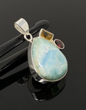 Natural Larimar with Garnet and Citrine Gemstone Pendant, Sterling Silver Jewelry, Larimar Pendant, Citrine Pendant, Bohemian Jewelry