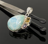 Natural Larimar with Garnet and Citrine Gemstone Pendant, Sterling Silver Jewelry, Larimar Pendant, Citrine Pendant, Bohemian Jewelry