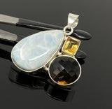 Gemstone Pendant - Larimar, Smokey Quartz and Citrine, Bohemian Jewelry, Larimar Pendant, Sterling Silver Jewelry