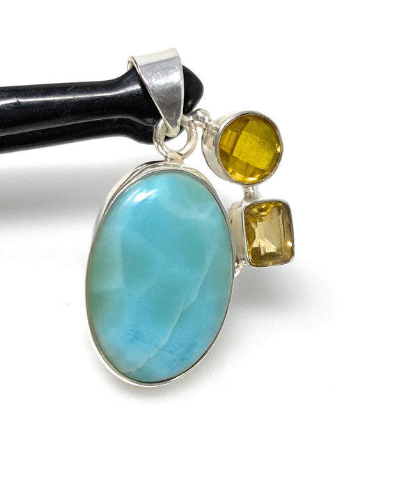 Gemstone Pendant - Larimar, Citrine and Yellow Quartz, Bohemian Jewelry, Larimar Pendant, Sterling Silver Jewelry