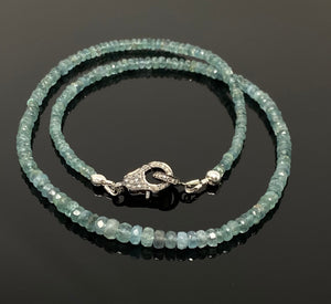 16.5” Blue Green Tourmaline Indicolite Necklace with Pave Diamond Clasp, Natural Blue Green Tourmaline Gemstone Necklace