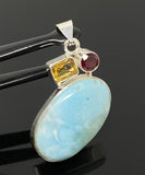 Natural Larimar with Garnet and Citrine Gemstone Pendant, Sterling Silver Jewelry, Larimar Pendant, Citrine Pendant, Bohemian Jewelry