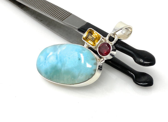 Natural Larimar with Garnet and Citrine Gemstone Pendant, Sterling Silver Jewelry, Larimar Pendant, Citrine Pendant, Bohemian Jewelry