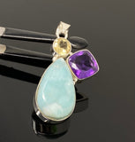 Gemstone Pendant - Larimar, Yellow Topaz and Amethyst, Bohemian Jewelry, Larimar Pendant, Sterling Silver Jewelry