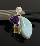 Natural Larimar with Amethyst and Citrine Gemstone Pendant, Sterling Silver Jewelry, Larimar Pendant, Amethyst Pendant, Bohemian Jewelry