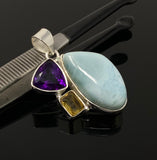 Natural Larimar with Amethyst and Citrine Gemstone Pendant, Sterling Silver Jewelry, Larimar Pendant, Amethyst Pendant, Bohemian Jewelry