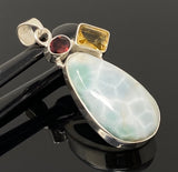 Natural Larimar with Garnet and Citrine Gemstone Pendant, Sterling Silver Jewelry, Larimar Pendant, Citrine Pendant, Bohemian Jewelry