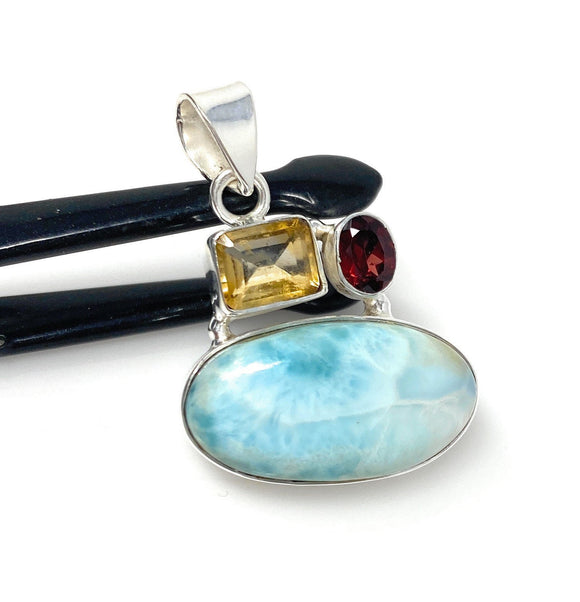 Natural Larimar with Garnet and Citrine Gemstone Pendant, Sterling Silver Jewelry, Larimar Pendant, Citrine Pendant, Bohemian Jewelry