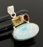 Natural Larimar with Garnet and Citrine Gemstone Pendant, Sterling Silver Jewelry, Larimar Pendant, Citrine Pendant, Bohemian Jewelry