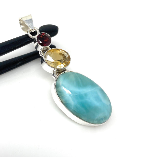 Natural Larimar with Garnet and Citrine Gemstone Pendant, Sterling Silver Jewelry, Larimar Pendant, Citrine Pendant, Bohemian Jewelry