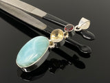Natural Larimar with Garnet and Citrine Gemstone Pendant, Sterling Silver Jewelry, Larimar Pendant, Citrine Pendant, Bohemian Jewelry