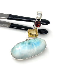 Natural Larimar with Garnet and Citrine Gemstone Pendant, Sterling Silver Jewelry, Larimar Pendant, Citrine Pendant, Bohemian Jewelry