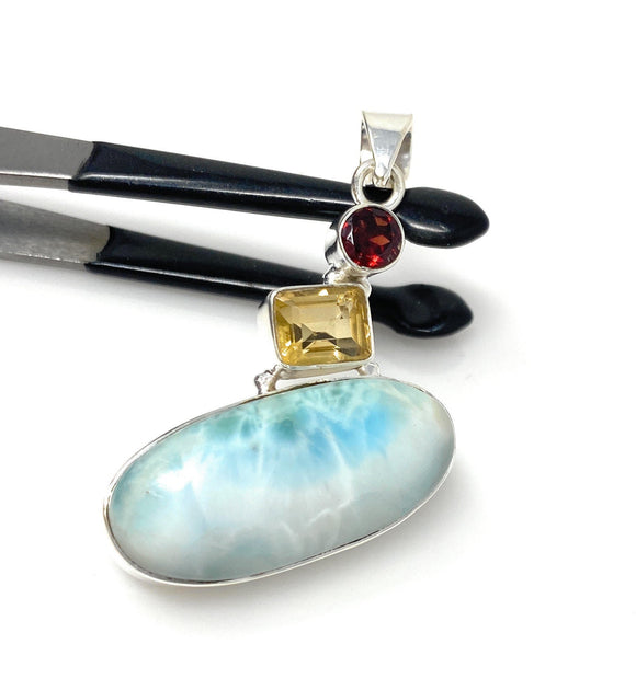 Natural Larimar with Garnet and Citrine Gemstone Pendant, Sterling Silver Jewelry, Larimar Pendant, Citrine Pendant, Bohemian Jewelry