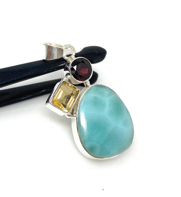 Natural Larimar with Garnet and Citrine Gemstone Pendant, Sterling Silver Jewelry, Larimar Pendant, Citrine Pendant, Bohemian Jewelry