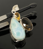 Gemstone Pendant - Larimar, Smokey Quartz and Citrine, Bohemian Jewelry, Larimar Pendant, Sterling Silver Jewelry
