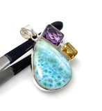 Natural Larimar with Amethyst and Citrine Gemstone Pendant, Sterling Silver Jewelry, Larimar Pendant, Amethyst Pendant, Bohemian Jewelry