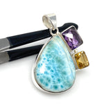 Natural Larimar with Amethyst and Citrine Gemstone Pendant, Sterling Silver Jewelry, Larimar Pendant, Amethyst Pendant, Bohemian Jewelry