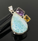 Natural Larimar with Amethyst and Citrine Gemstone Pendant, Sterling Silver Jewelry, Larimar Pendant, Amethyst Pendant, Bohemian Jewelry