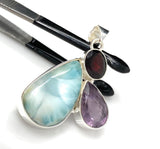 Natural Larimar with Amethyst and Garnet Gemstone Pendant, Sterling Silver Jewelry, Larimar Pendant, Amethyst Pendant, Bohemian Jewelry