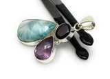 Natural Larimar with Amethyst and Garnet Gemstone Pendant, Sterling Silver Jewelry, Larimar Pendant, Amethyst Pendant, Bohemian Jewelry