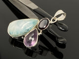 Natural Larimar with Amethyst and Garnet Gemstone Pendant, Sterling Silver Jewelry, Larimar Pendant, Amethyst Pendant, Bohemian Jewelry
