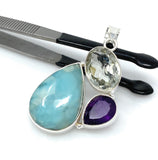 Larimar Amethyst Prasiolite Pendant, Spiritual Healing Crystal Jewelry, Chakra Gemstone Pendant, Inner Peace & Calm Ocean Gemstone Boho Gift