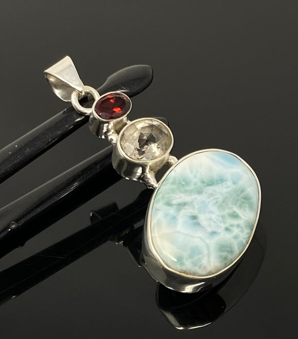 Natural Larimar with Garnet and Yellow Rutile Gemstone Pendant, Sterling Silver Jewelry, Larimar Pendant, Bohemian Jewelry