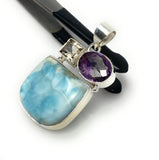 Sterling Silver Larimar Pendant with Rutilated Quartz and Amethyst, Gemstone Pendant, Bohemian Jewelry