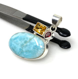 Silver Gemstone Pendant : Larimar, Garnet & Citrine, Spiritual Healing Crystal Pendant, Chakra Jewelry, Birthstone Pendant, Bohemian Jewelry