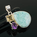 Sterling Silver Larimar Pendant with Golden Rutile and Amethyst, Gemstone Pendant, Bohemian Jewelry