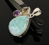 Sterling Silver Larimar Pendant with Golden Rutile and Amethyst, Gemstone Pendant, Bohemian Jewelry
