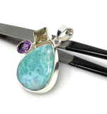 Sterling Silver Larimar Pendant with Golden Rutile and Amethyst, Gemstone Pendant, Bohemian Jewelry