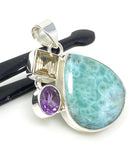 Sterling Silver Larimar Pendant with Golden Rutile and Amethyst, Gemstone Pendant, Bohemian Jewelry