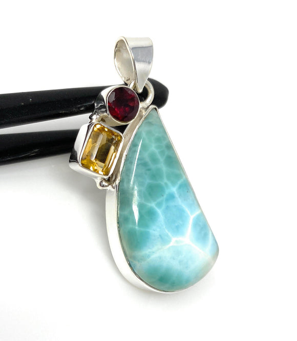 Natural Larimar with Garnet and Citrine Gemstone Pendant, Sterling Silver Jewelry, Larimar Pendant, Citrine Pendant, Bohemian Jewelry