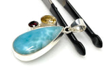 Natural Larimar with Garnet and Citrine Gemstone Pendant, Sterling Silver Jewelry, Larimar Pendant, Citrine Pendant, Bohemian Jewelry