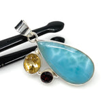 Natural Larimar with Garnet and Citrine Gemstone Pendant, Sterling Silver Jewelry, Larimar Pendant, Citrine Pendant, Bohemian Jewelry
