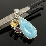 Natural Larimar with Garnet and Citrine Gemstone Pendant, Sterling Silver Jewelry, Larimar Pendant, Citrine Pendant, Bohemian Jewelry