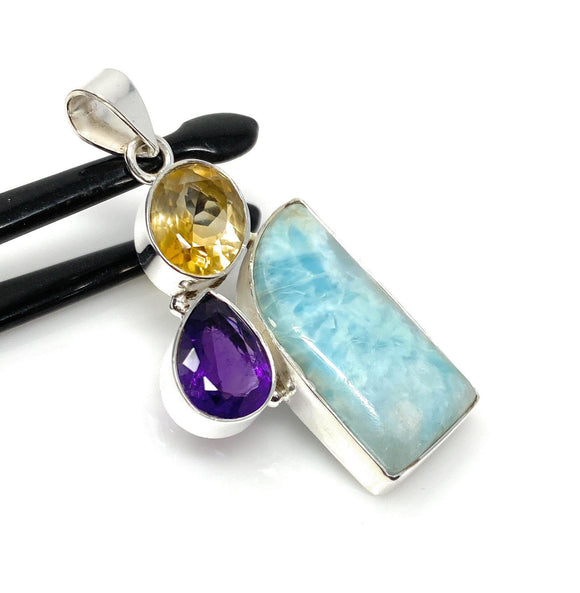 Natural Larimar with Amethyst and Citrine Gemstone Pendant, Sterling Silver Jewelry, Larimar Pendant, Amethyst Pendant, Bohemian Jewelry
