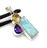 Natural Larimar with Amethyst and Citrine Gemstone Pendant, Sterling Silver Jewelry, Larimar Pendant, Amethyst Pendant, Bohemian Jewelry