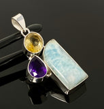Natural Larimar with Amethyst and Citrine Gemstone Pendant, Sterling Silver Jewelry, Larimar Pendant, Amethyst Pendant, Bohemian Jewelry