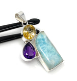 Natural Larimar with Amethyst and Citrine Gemstone Pendant, Sterling Silver Jewelry, Larimar Pendant, Amethyst Pendant, Bohemian Jewelry