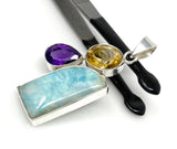 Natural Larimar with Amethyst and Citrine Gemstone Pendant, Sterling Silver Jewelry, Larimar Pendant, Amethyst Pendant, Bohemian Jewelry