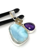 Sterling Silver Larimar Pendant with Golden Rutile and Amethyst, Gemstone Pendant, Bohemian Jewelry