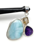 Sterling Silver Larimar Pendant with Golden Rutile and Amethyst, Gemstone Pendant, Bohemian Jewelry