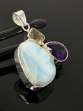 Sterling Silver Larimar Pendant with Golden Rutile and Amethyst, Gemstone Pendant, Bohemian Jewelry