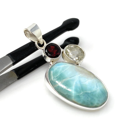 Natural Larimar with Garnet and Yellow Rutile Gemstone Pendant, Sterling Silver Jewelry, Larimar Pendant, Bohemian Jewelry